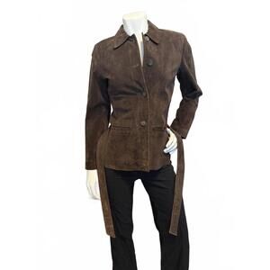 Ann Taylor LOFT Petite Brown Suede Leather Jacket Belted Button Front Womens SP